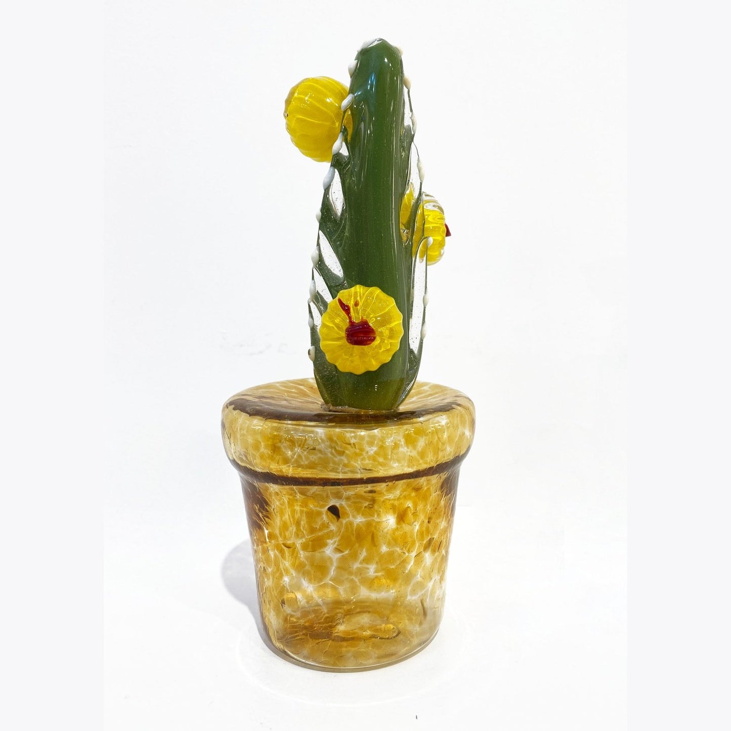 2000s Italian Green Murano Glass Cactus Plant with Yellow Flowers in Gold Pot