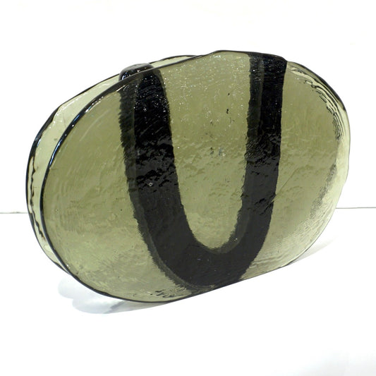 1970s Vintage Abstract Italian Smoked Green & Black Murano Glass Oval Flower Vase