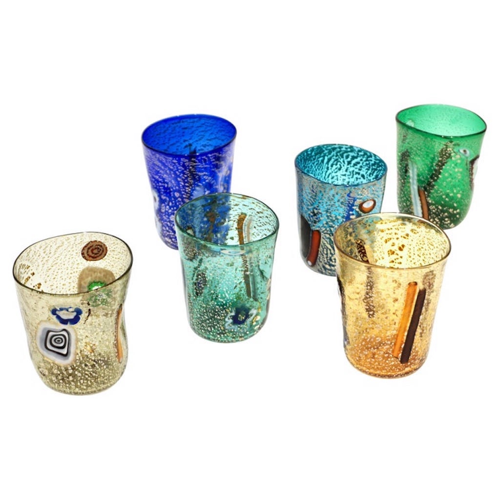 Modern Italian Multicolor Blown Murano Glass Set of 6 Drinking Tumblers Cups