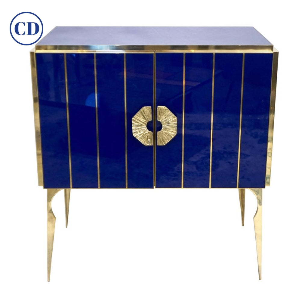 Contemporary Italian Custom Art Deco Style Royal Blue Glass Modern Cabinet /Bar