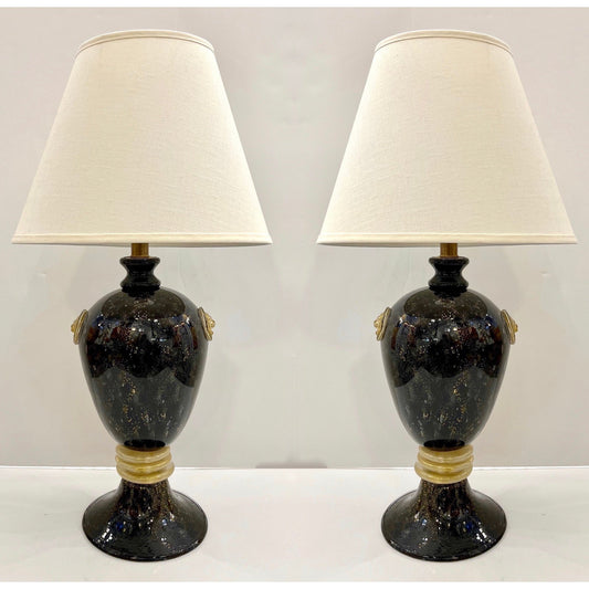 Seguso 1960s Italian Pair of Vintage Black and Gold Murano Glass Urn Shape Lamps