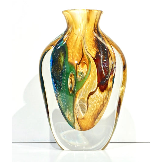 Michele Onesto 1990s Green Yellow Blue Silver Overlaid Crystal Murano Glass Vase
