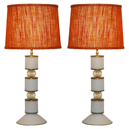 Albarelli 1960 Tall Pair of White and Gold Murano Glass Lamps