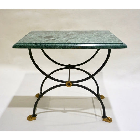 1950s Italian Antique Rustic Gold & Black Iron Green Marble Gueridon Sofa Table