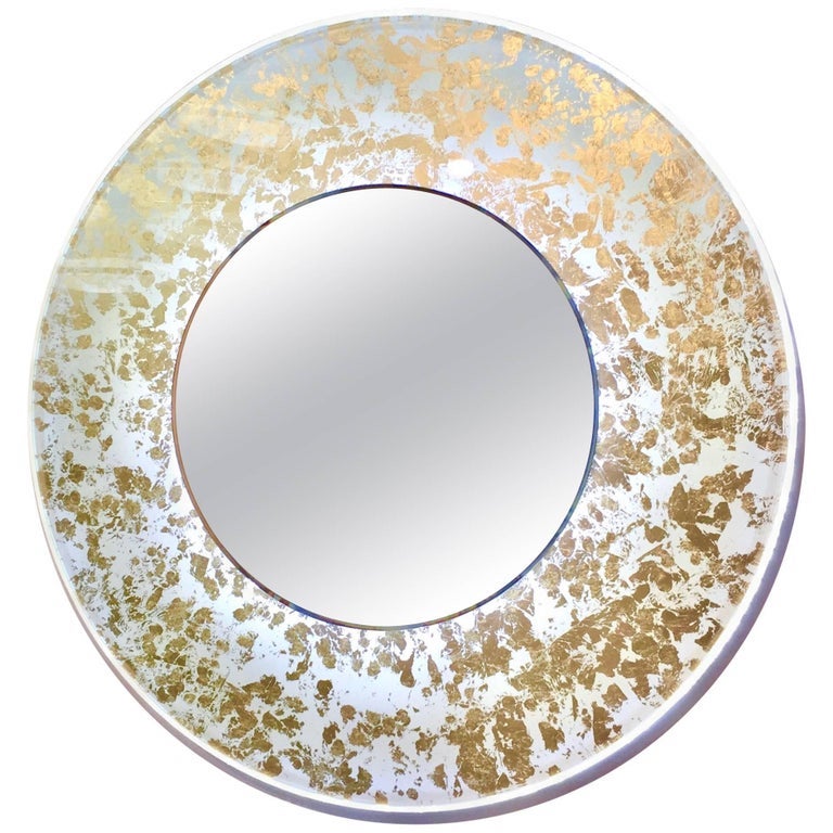 Contemporary Italian Organic Modern Ivory White and Gold Leaf Round Lit Wall Mirror