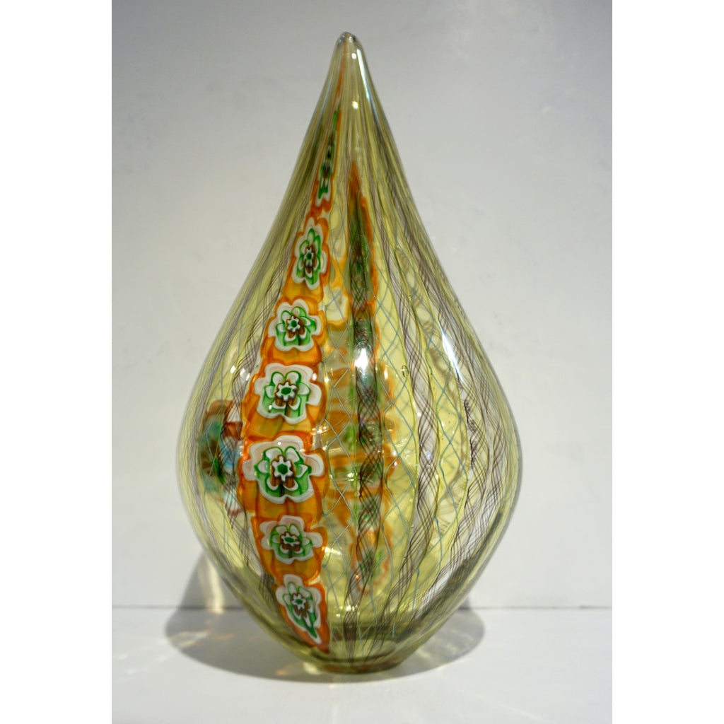 F. Tagliapietra Italian Green Yellow Orange Murano Glass Drop Sculpture Vase
