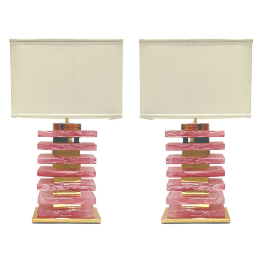 Italian Modern Pair of Architectural Urban Design Pink Murano Glass Brass Lamps