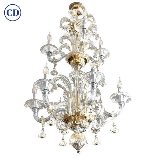 Venetian Baroque Style 9-Light Crystal Pure Gold Murano Glass Modern Chandelier