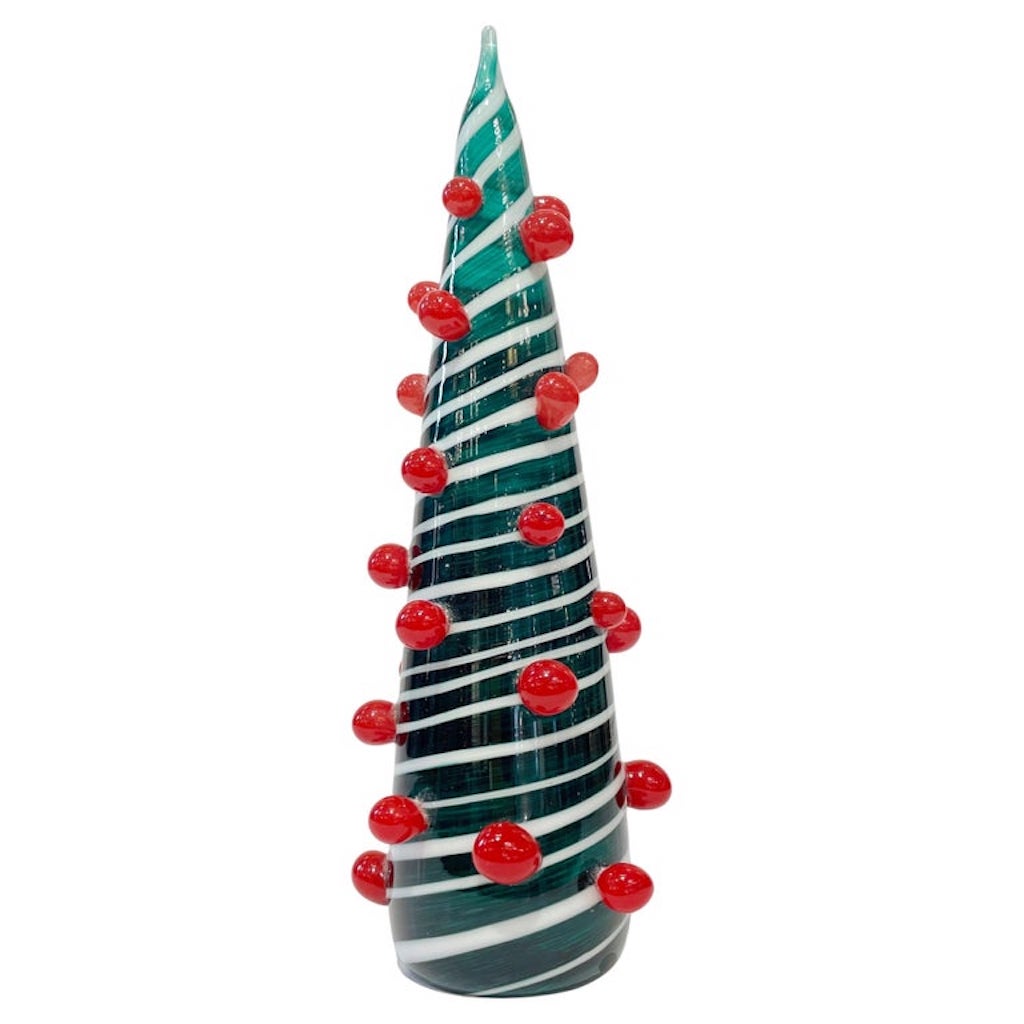 Contemporary Italian White Green Red Murano Glass Christmas Tree Cone Sculpture