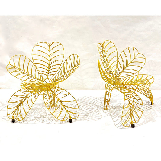 1990s Spazzapan Italian Pop Art Pair of Yellow Metal Flower Armchairs Sculptures