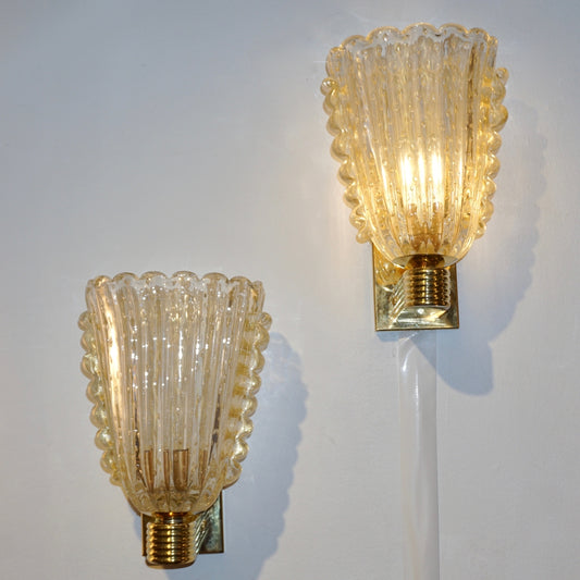 Contemporary Italian Art Deco Design Crystal Gold Leaf Murano Glass Bowl Sconces
