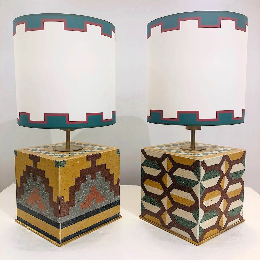 Vintage Pair of Italian Mosaic Cement Tile Cube Lamps with Custom Shades