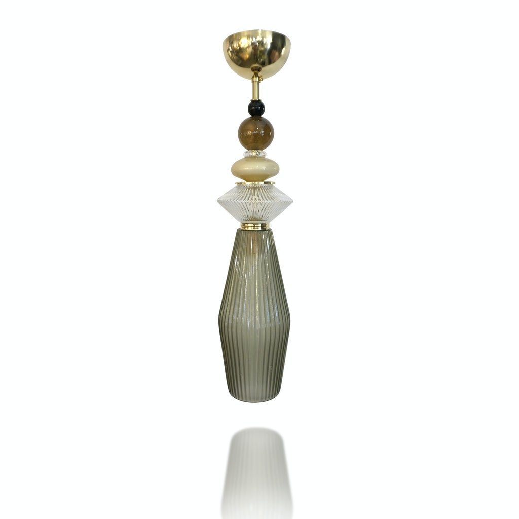 Custom Italian Crystal Gold and Gray Green Murano Glass Brass Pendant Light