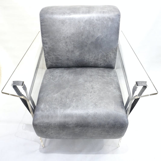 Bespoke Modernist Lucite Acrylic Lounge Armchair in Motley Gray Faux Leather
