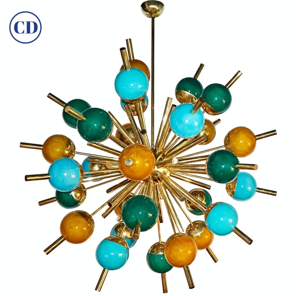 Custom Italian Green Turquoise Gold Murano Glass Brass Sputnik Globe Chandelier