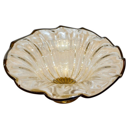 Italian Gold Dust Crystal Murano Glass Scalloped Centerpiece/Bowl with Black Rim