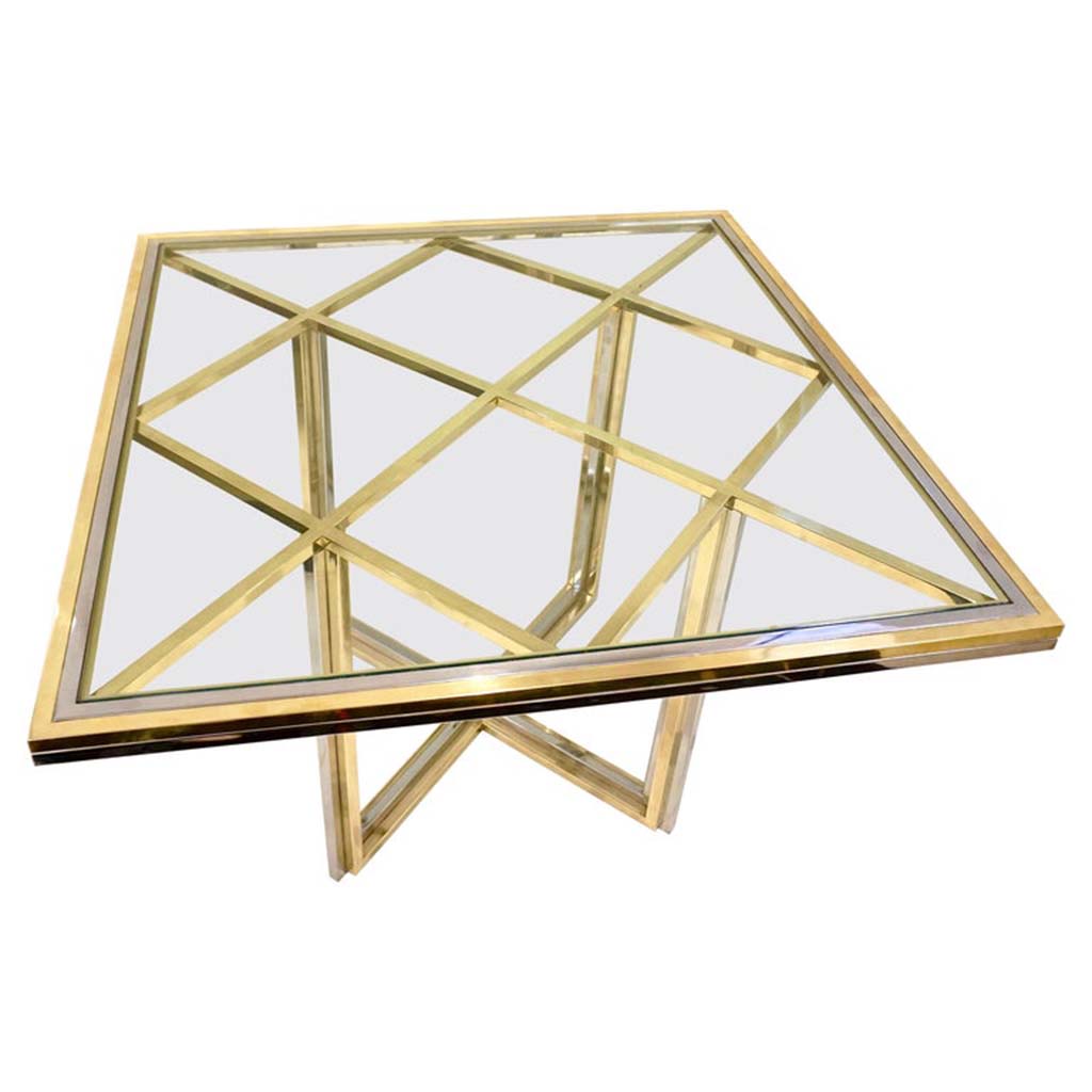 1970s Romeo Rega Italian Geometric Modern Brass & Chrome Vintage Square Table