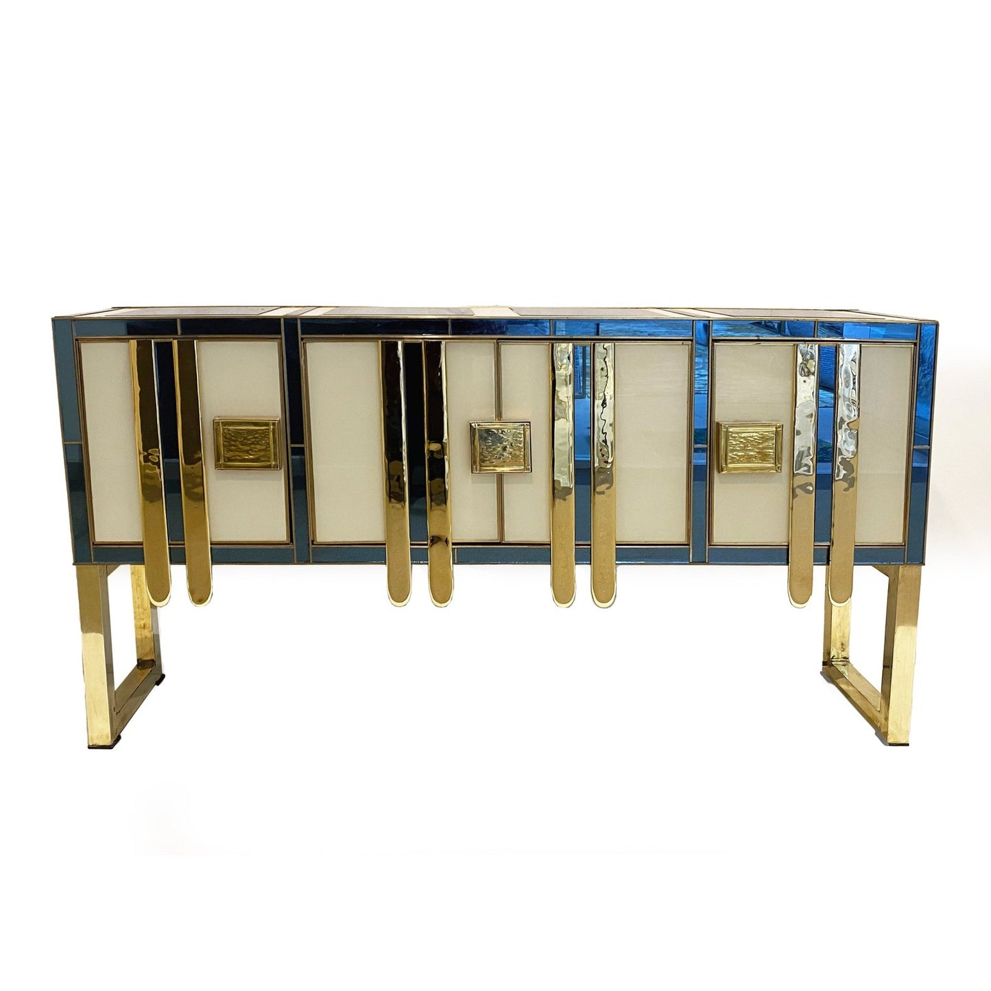 Mid-Century Modern Vintage Italian Aqua Blue Cream Gold Brass Modern Sideboard