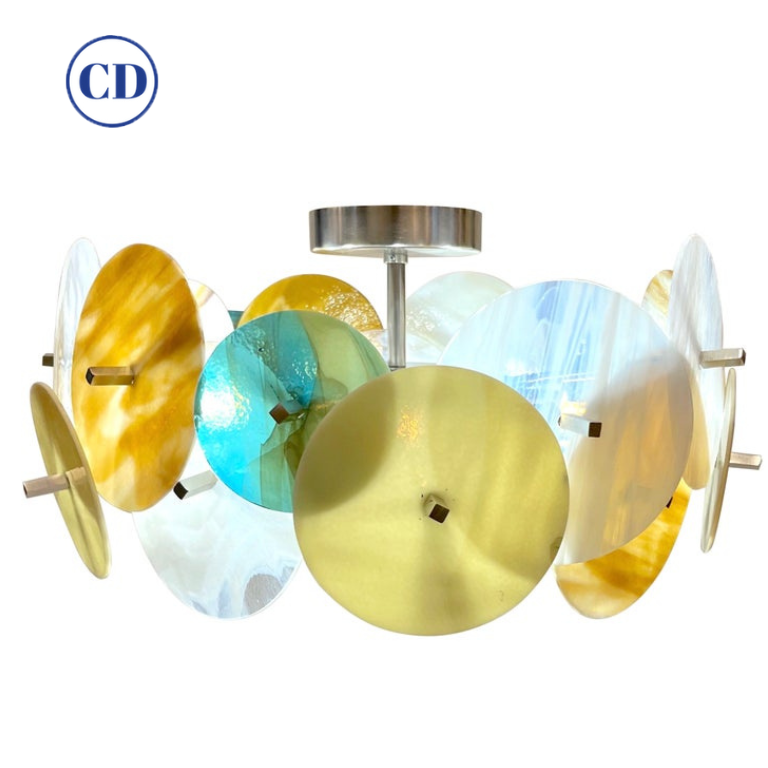 Italian Yellow White Blue Pastel Murano Glass Nickel Circular Sputnik Chandelier