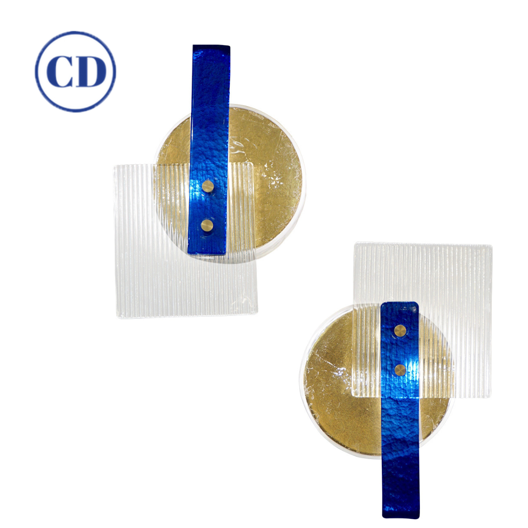 Italian Pair of Abstract Modern Gold Sapphire Blue Crystal Murano Glass Sconces