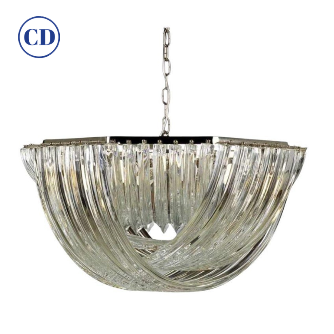 Contemporary Italian Minimalist Curved Crystal Murano Glass Nickel Chandelier