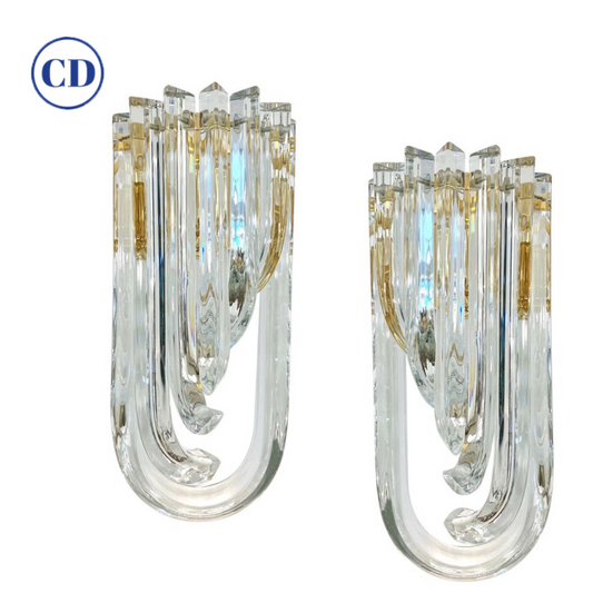 Italian Modern Pair of Translucent Crystal Murano Glass Brass Curved Sconces