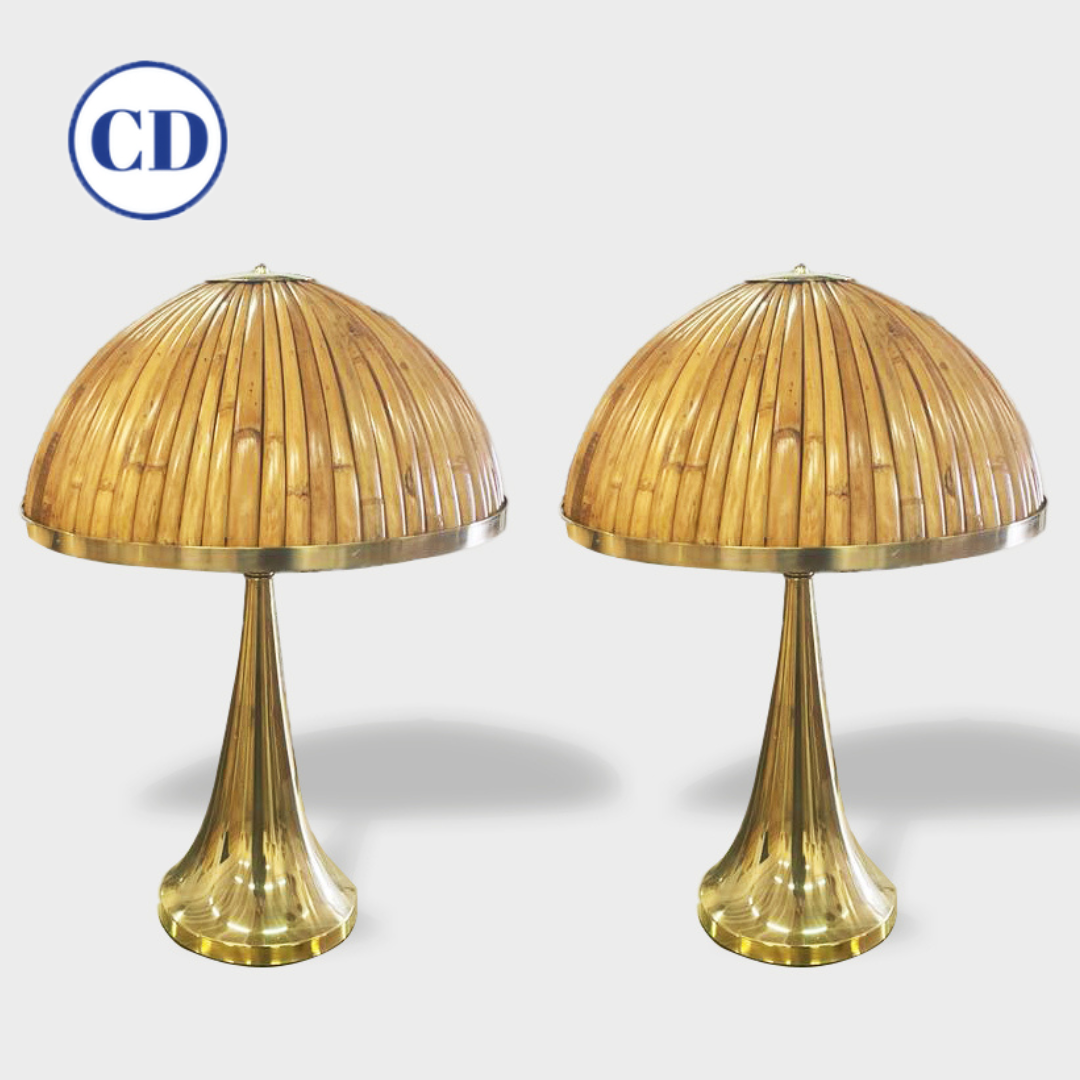 Italian Organic Modern Contemporary Pair Tall Brass & Rattan Sleek Table Lamps