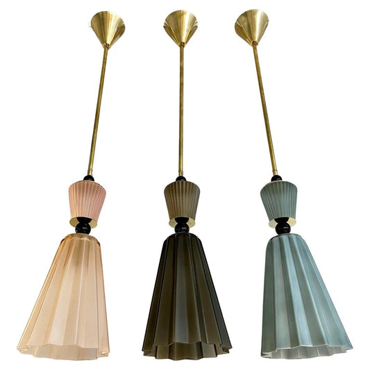 Italian Modern Set of 3 Smoked Gray, Pink, Aqua Blue Murano Glass Star Pendants