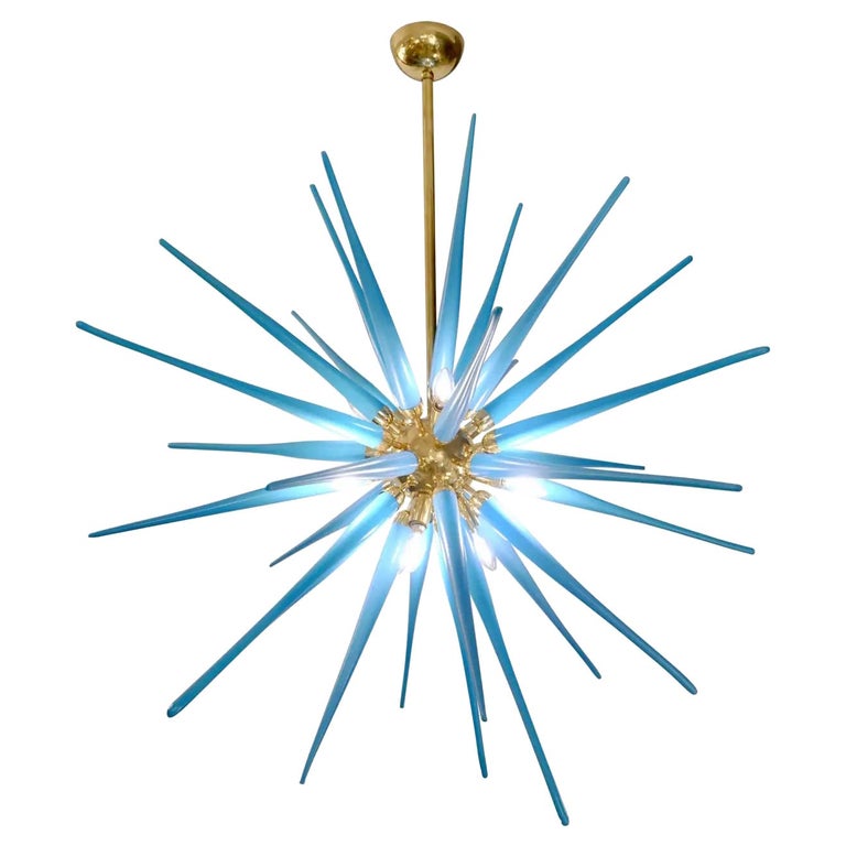Contemporary Italian Aquamarine Blue Murano Glass Paste Modern Brass Sputnik