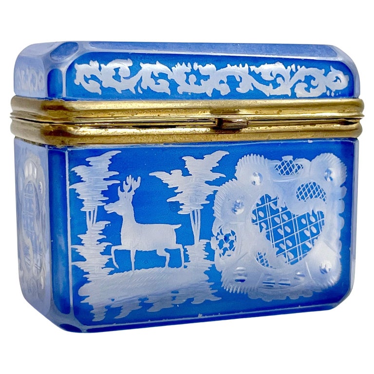 Antique Austrian Sky Blue Bohemian Engraved Cut Crystal Trinket Box with Lid