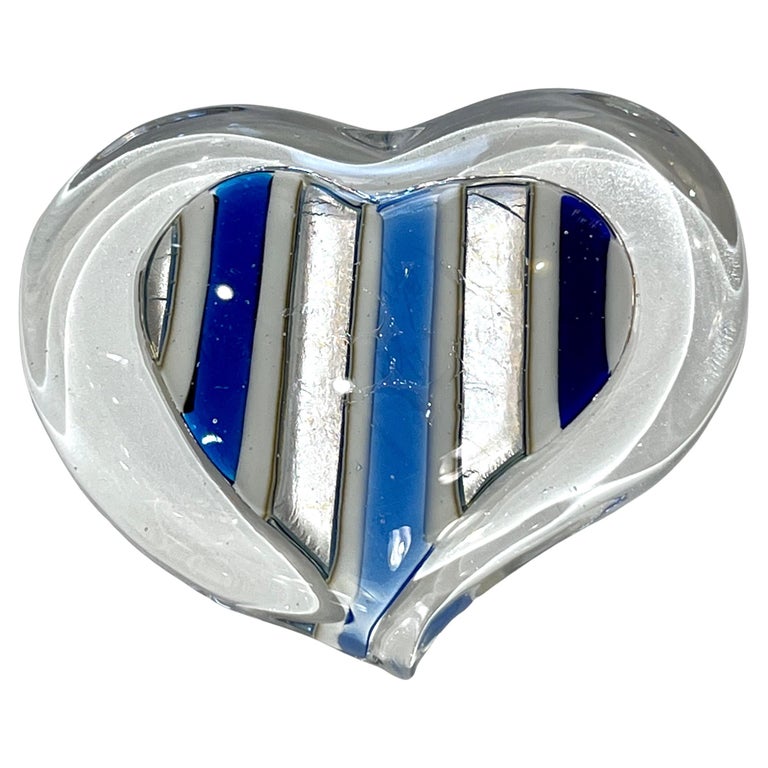 Bespoke Italian Crystal Cobalt Blue Silver Murano Glass Heart Shaped Paperweight