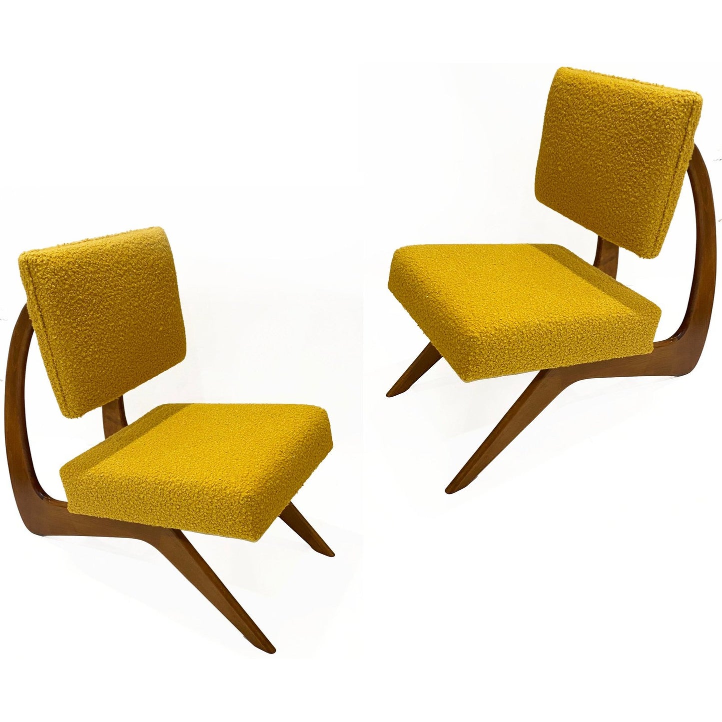 Bespoke Italian Pair of Boucle Mustard Yellow Aero Curved Beech Lounge Chairs