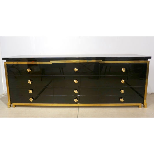 1970s Italian Vintage Brass & Black White Lacquer 12-Drawer Dresser/Sideboard