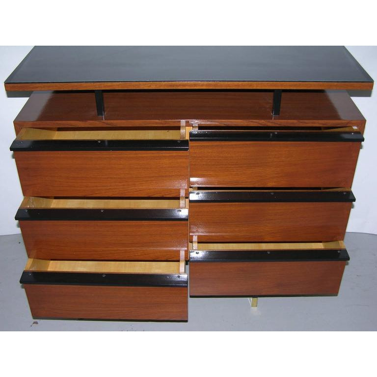 1960s Modern Italian Wood Chest with Shelf on Brass & Black Lacquered Metal Legs