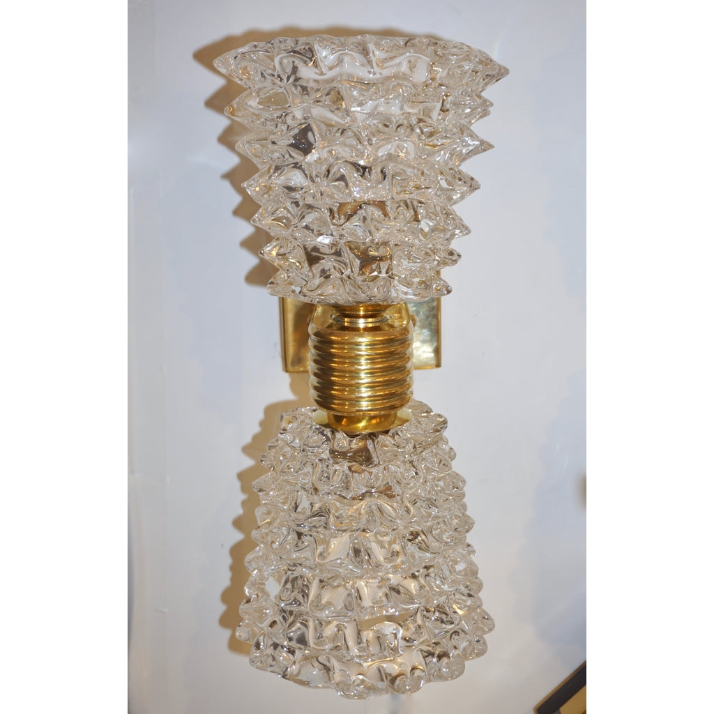 Contemporary Italian Rostrato Crystal Murano Glass & Brass Double-Lit Sconces