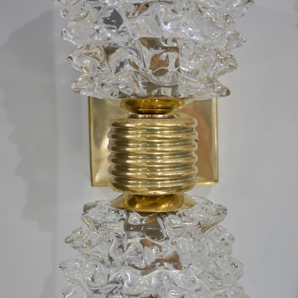 Contemporary Italian Rostrato Crystal Murano Glass & Brass Double-Lit Sconces