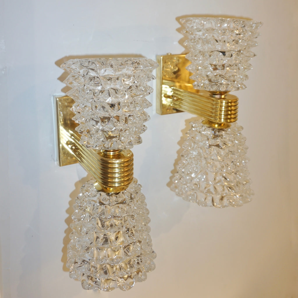 Contemporary Italian Rostrato Crystal Murano Glass & Brass Double-Lit Sconces