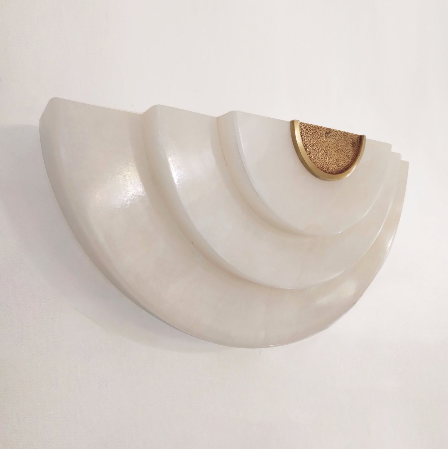 Contemporary European Half Moon Pair of Cream Alabaster & Brass Modern Sconces