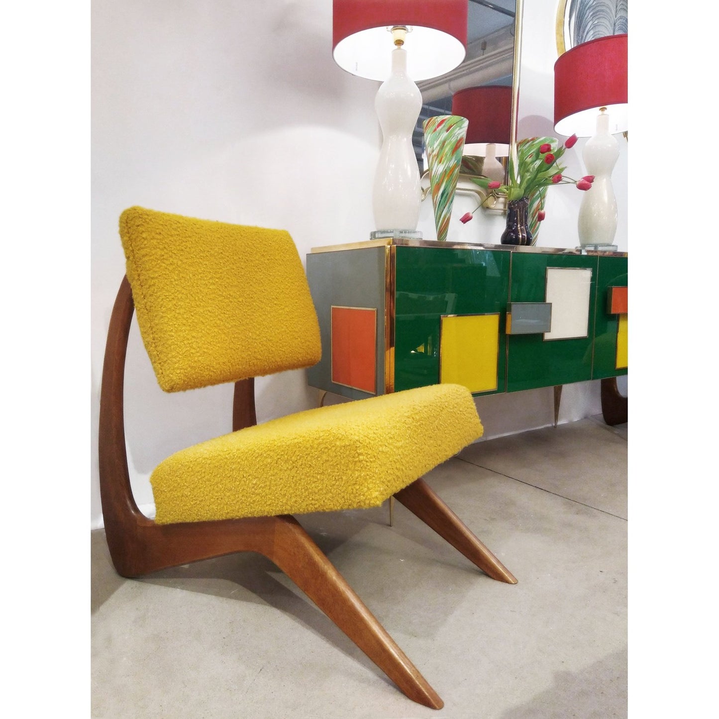 Bespoke Italian Pair of Boucle Mustard Yellow Aero Curved Beech Lounge Chairs