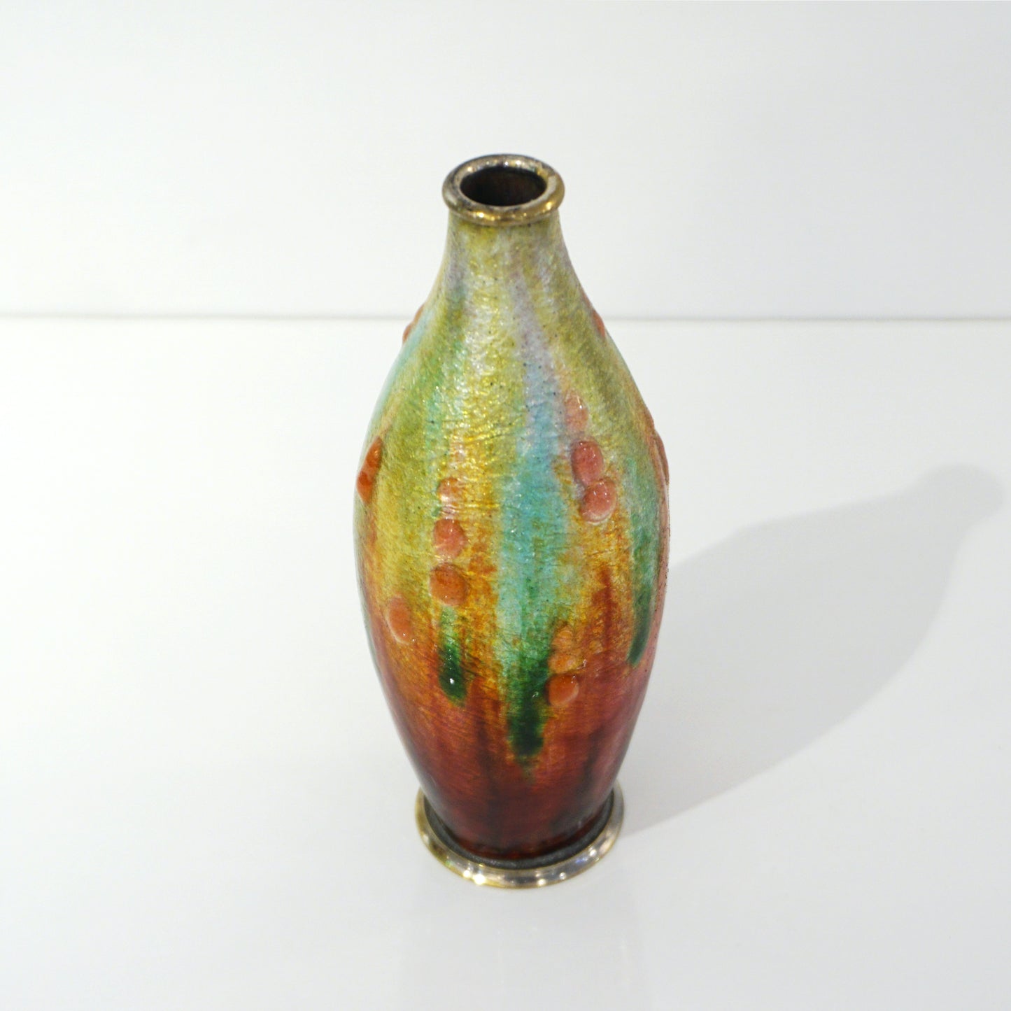 Camille Faure Art Nouveau French Limoges Yellow Green Red Enamels Copper Vase