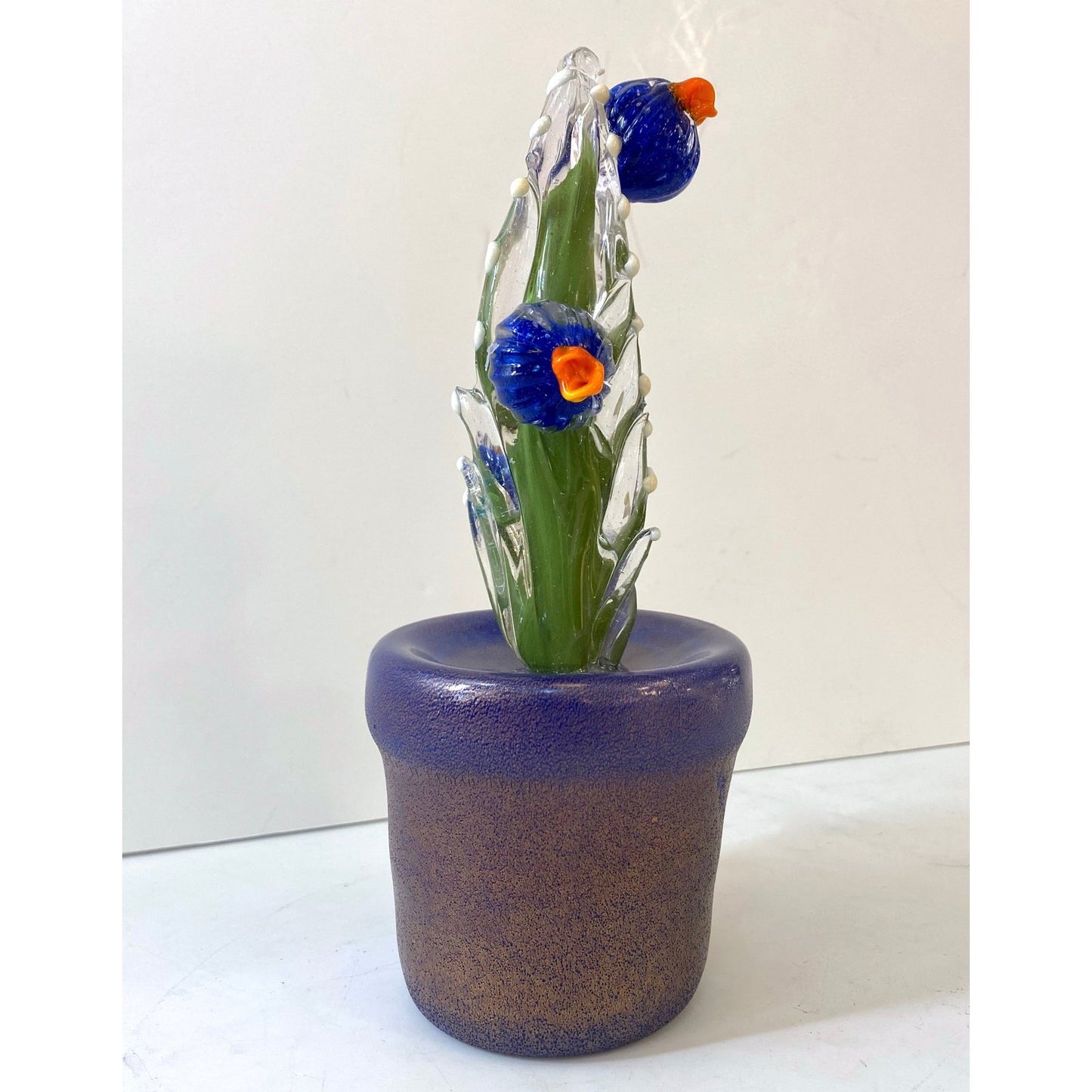 2000s Italian Moss Green Gold Murano Art Glass Cactus Plant with Blue Flowers
