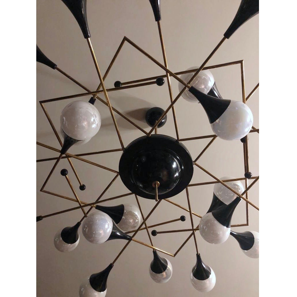 Bespoke Italian Geometric White Glass Black Lacquered Brass 24-Light Flushmount