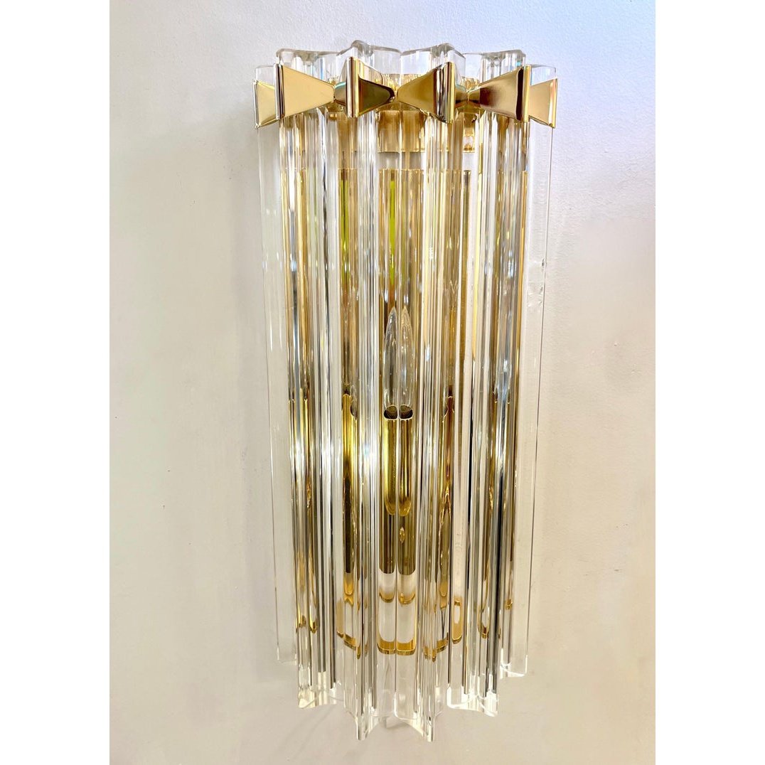 Italian Contemporary Pair of Minimalist Brass Crystal Clear Murano Glass Sconces