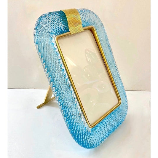 1980s Italian Vintage Aquamarine Blue Twisted Murano Glass & Brass Picture Frame