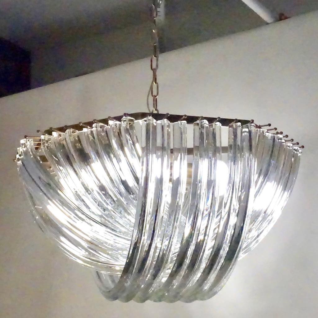 Contemporary Italian Minimalist Curved Crystal Murano Glass Nickel Chandelier