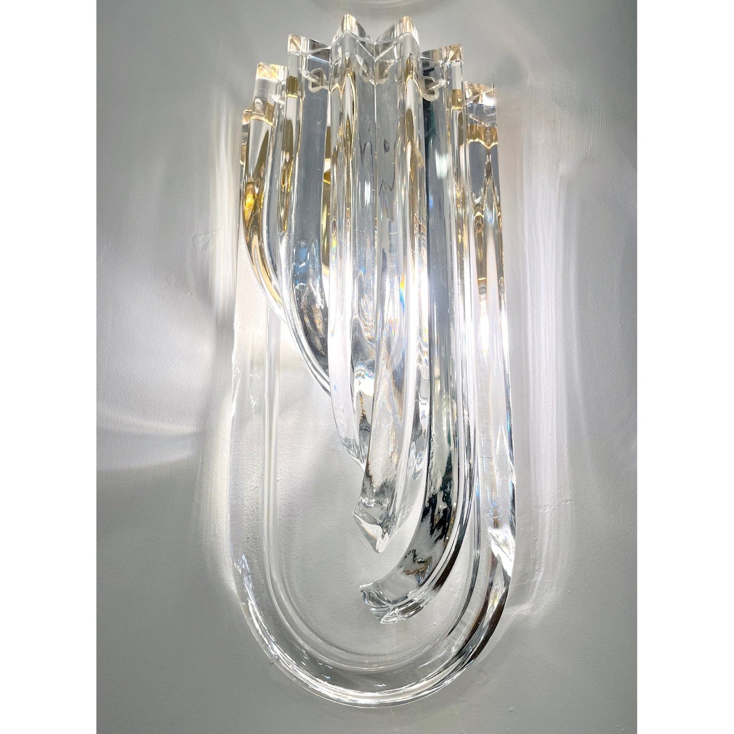 Italian Modern Pair of Translucent Crystal Murano Glass Brass Curved Sconces