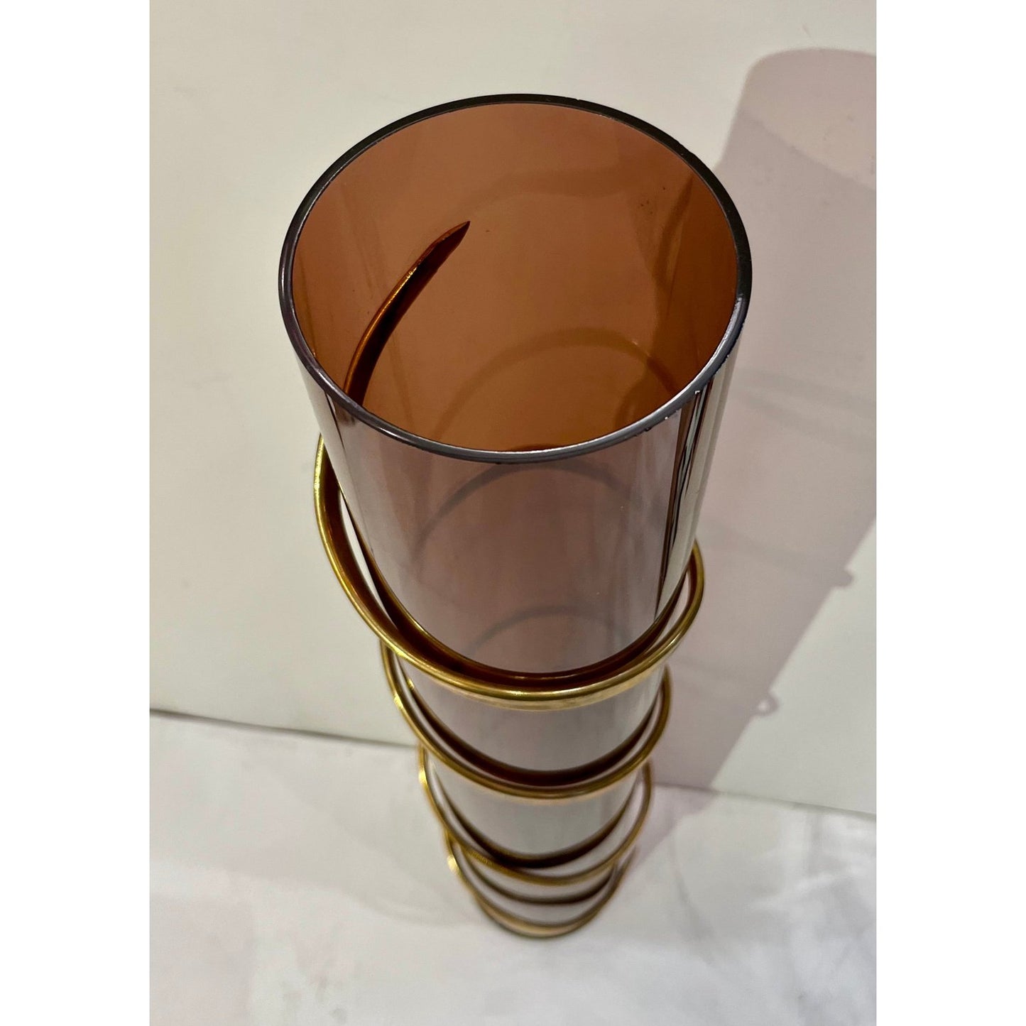 1970s Italian Organic Brass Snake Swirls Brown Lucite Tall Vase