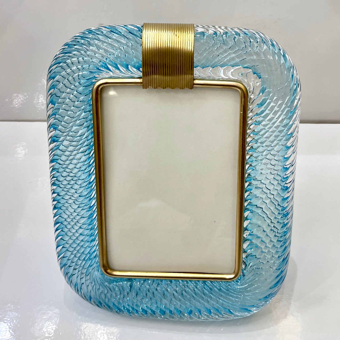 2000s Italian Vintage Aquamarine Blue Twisted Murano Glass & Brass Picture Frame