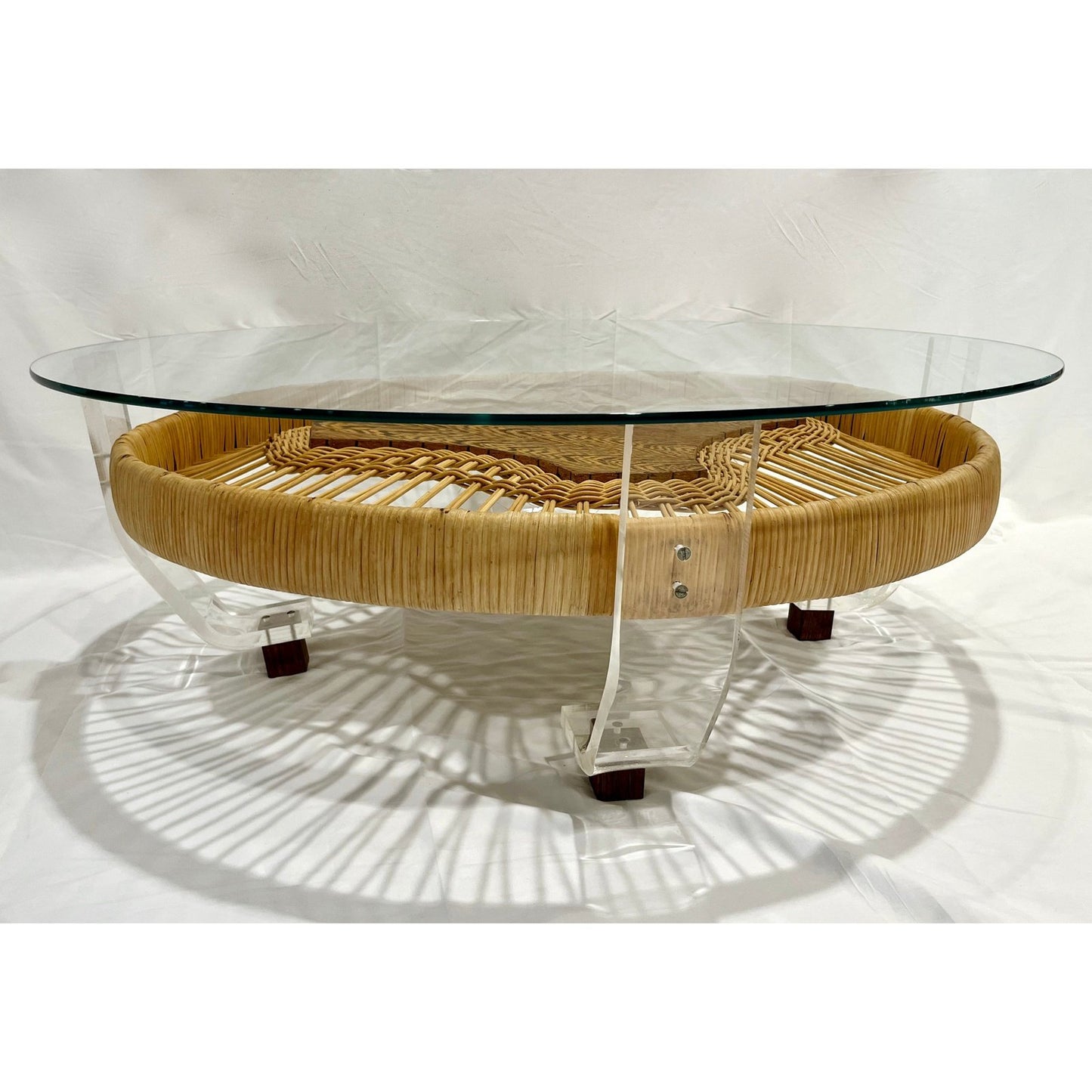 French Vintage 2-Tier Jacaranda Wood Weaved Rattan Sofa Table with Lucite Feet