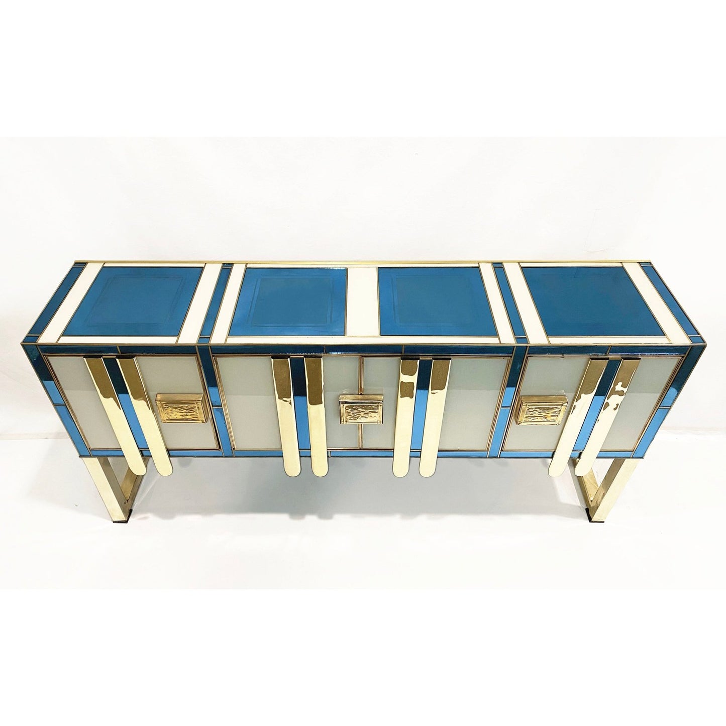 Mid-Century Modern Vintage Italian Aqua Blue Cream Gold Brass Modern Sideboard